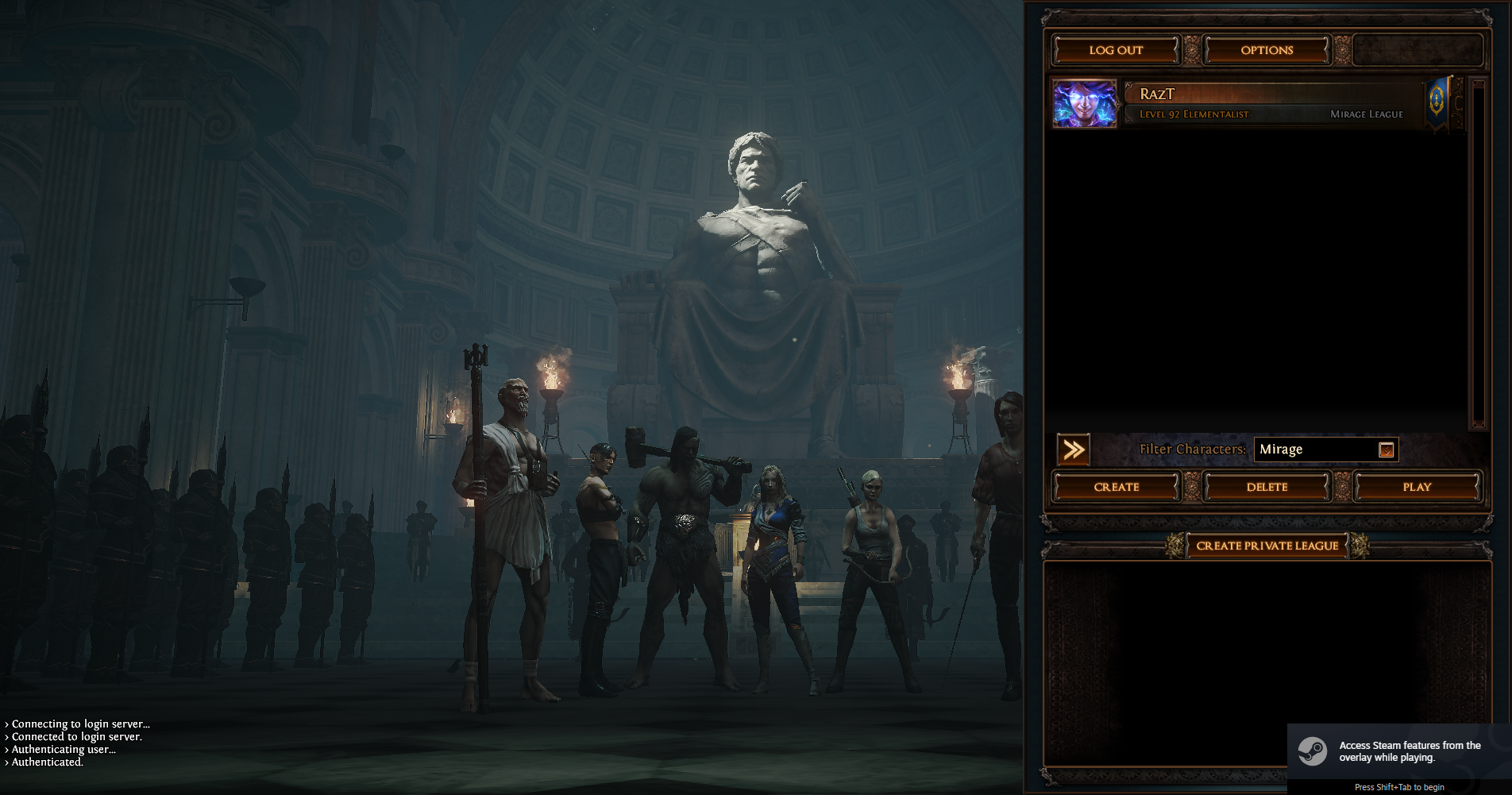 Path of Exile Mirage League character screen
