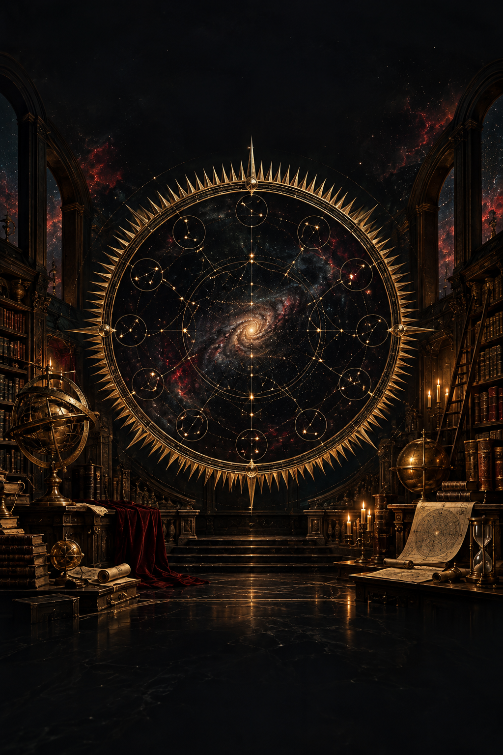 Golden celestial research wheel in a dark library