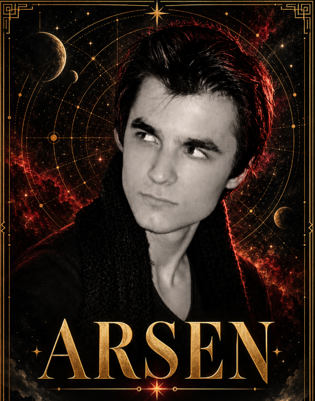 Portrait of Arsen Saidov within a gold and cosmic design