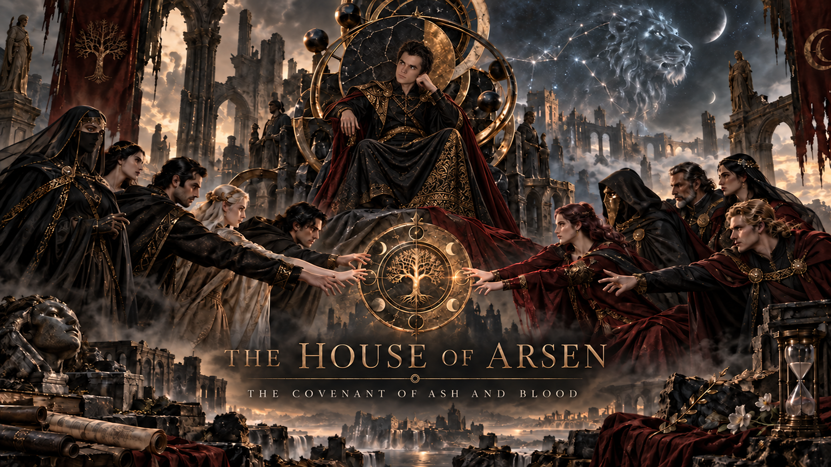 The House of Arsen — The Covenant of Ash and Blood cover featuring Arsen Saidov seated on the cosmic throne