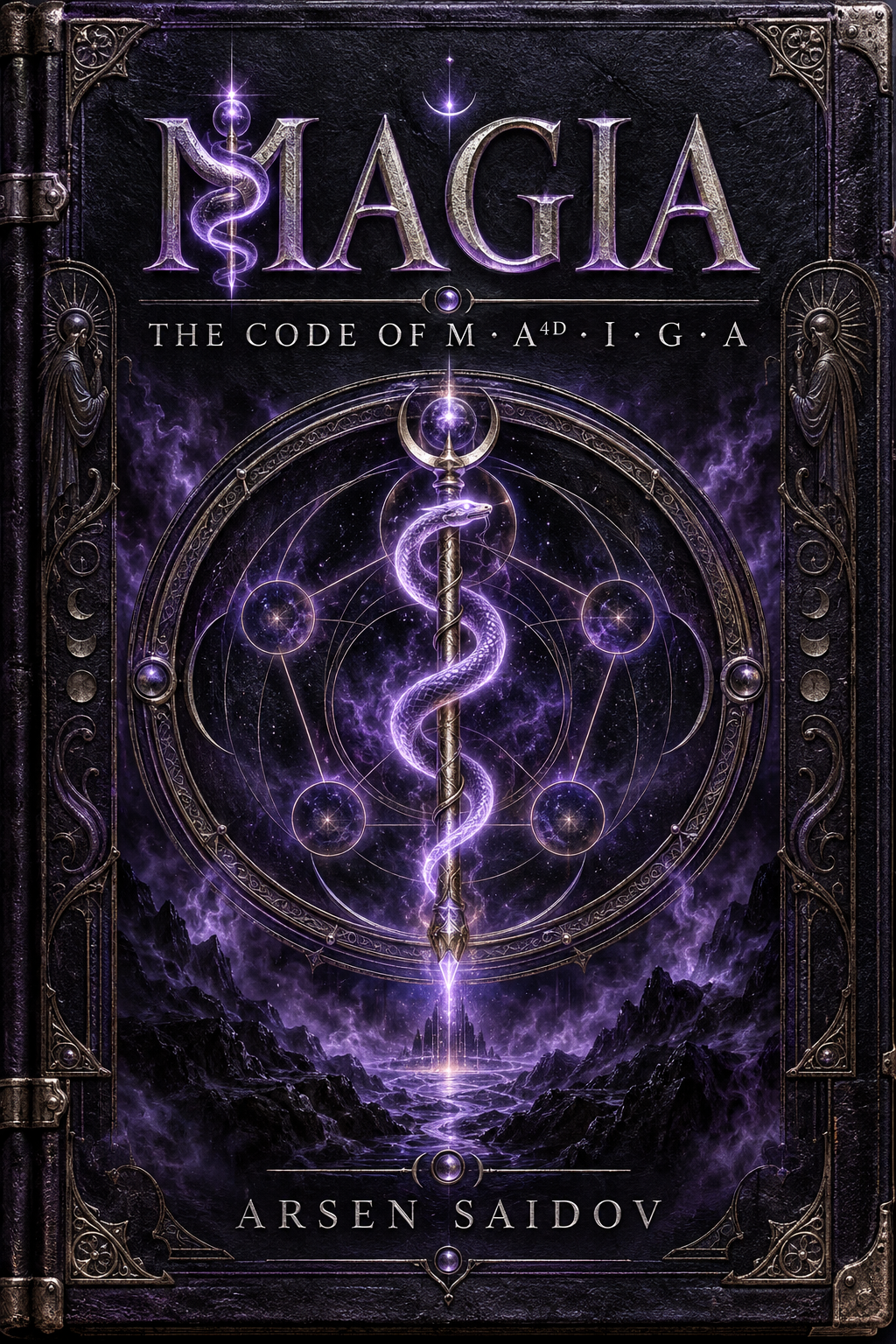 Magia book cover in purple and obsidian, with a luminous serpent coiled around a staff