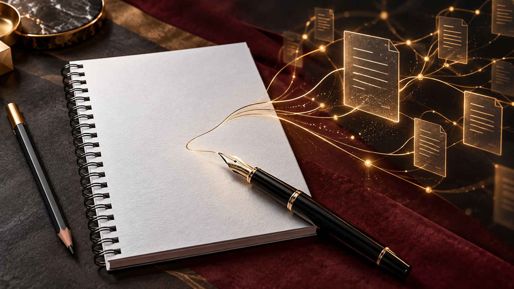 An open spiral notebook with a fountain pen and pencil, its paper lines becoming a network of glowing digital pages