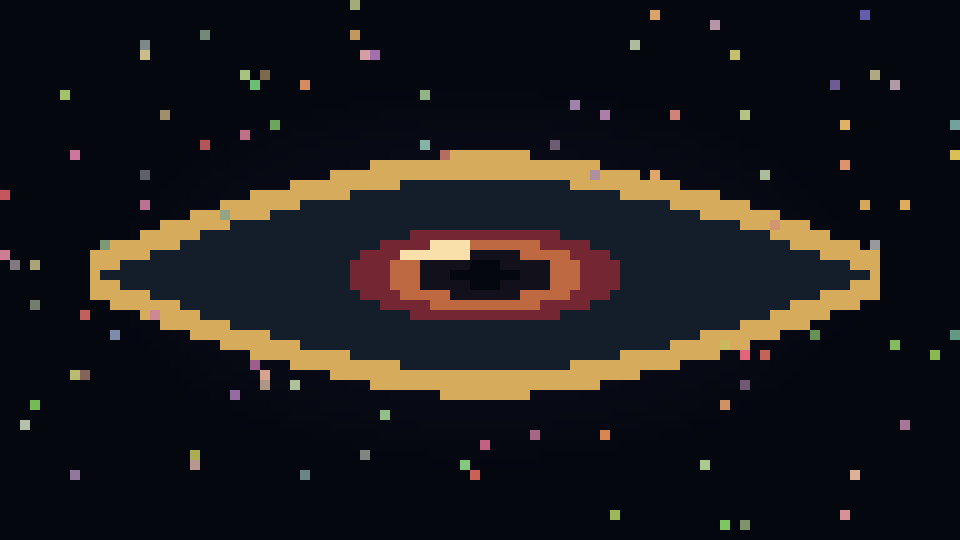 Pixel art of a golden eye and red iris, revealed through the complete Formula sequence